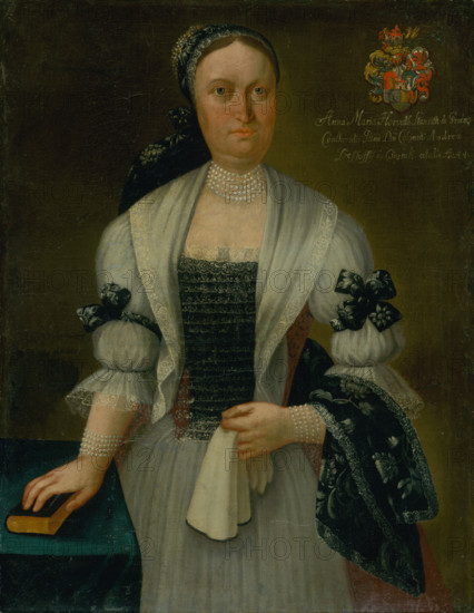 Anna Maria Desséwffy née Horvath-Stancic, aged forty-four, c1745. Woman with pearl necklace and matching bracelets, wearing a lace-trimmed dress, and resting her hand on a book.