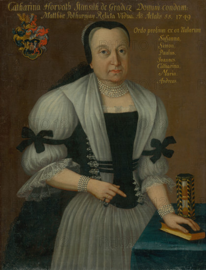 Portrait of Katarína Horvath-Stancic, aged fifty-five, 1749. Widow with pearl necklace and matching bracelets, wearing a dress trimmed with lace and black ribbons, and resting her hand on a book. On the table is an hourglass, a symbol of mortality.
