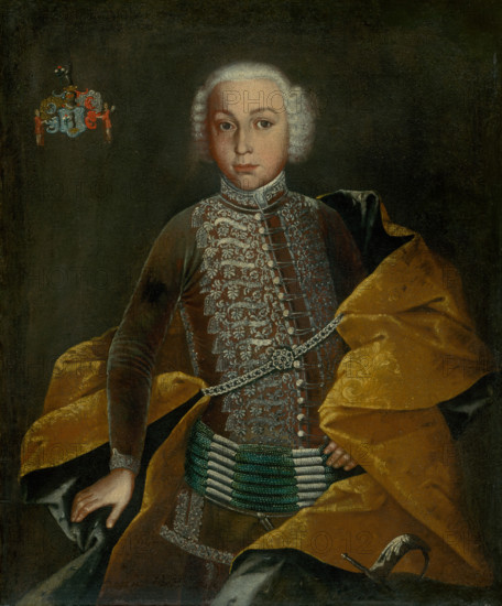 Portrait of Baron Johann Revay as a boy, c1750. Young nobleman wearing a coat embroidered with silver thread, a brocade cloak, and beaded belt.