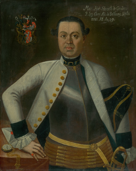 Portrait of Captain Marcus Horváth-Stancic, (Marek Horvath-Stansith), aged twenty-nine, c1763. Army officer wearing a breastplate, frock coat and lace cuffs. On the table is a gold pocket watch and a sealed letter.