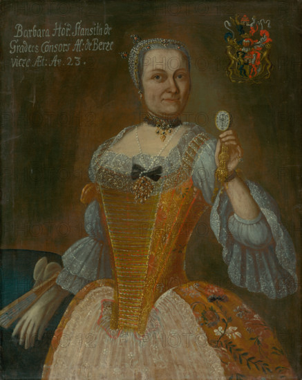Portrait of Barbora Horváthová-Stancicová holding a watch, aged 23, c1759. (Alternative name: Barbora Berzeviczy, nee Horvath-Stansith). Wealthy woman wearing an embroidered dress with lace sleeves, a pearl necklace with gold pendant, and matching hair decorations