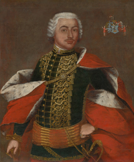 Portrait of a zeman in ceremonial costume, c1740. Young man wearing an ermine-lined cloak and military uniform with gold embroidery.