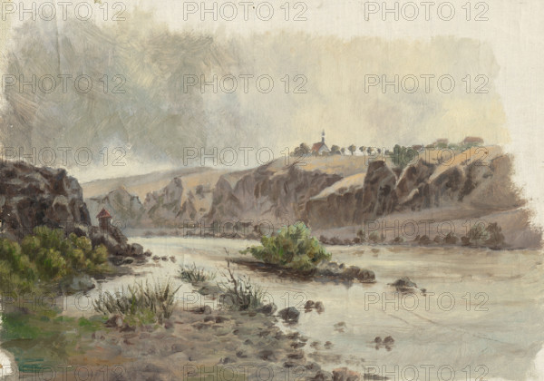 Church on a bank above a river, 1860-1900.