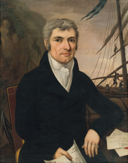 Portrait of Johannes Samuel Steinhübel, 1815. Businessman with documents and letters. In the background is a cargo ship.