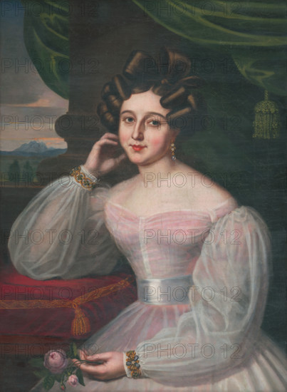 Portrait of a young woman in a pink dress, holding a rose, 1829.