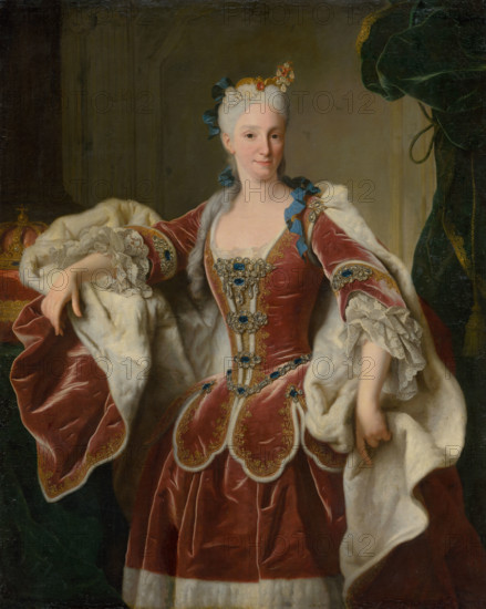 Elisabeth Farnese, 1723. Elisabetta Farnese (1692-1766) was Queen of Spain by marriage to King Philip V. She was the de facto ruler of Spain from 1714 until 1746, and from 1759 to 1760, she governed as regent. She wears a jewel-encrusted velvet dress with lace-trimmed sleeves, a fur-lined cloak, and a confident smile.