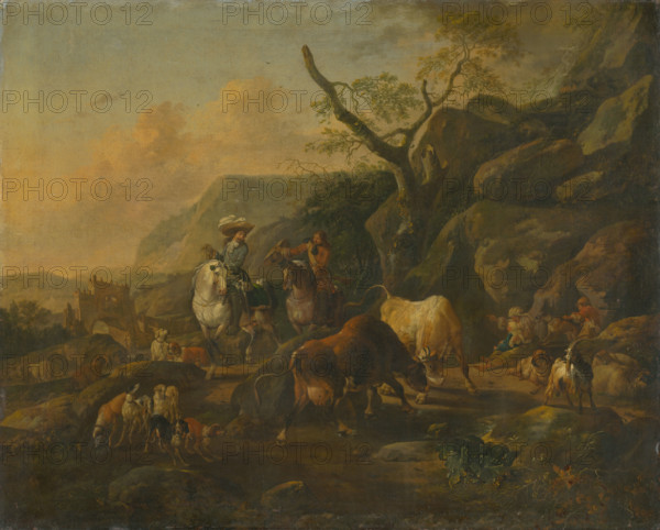 Landscape with huntsmen, 1660-1678. Horsemen and their dogs pass by as two cows lock horns, watched by peasants.