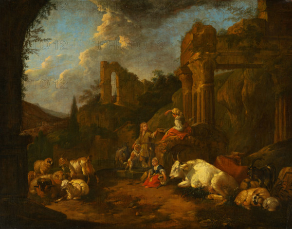 Pastoral Idyll, 1670. Peasants with their animals among ruins: a boy offers a woman fruit from his hat, while a small girl strokes a lamb.