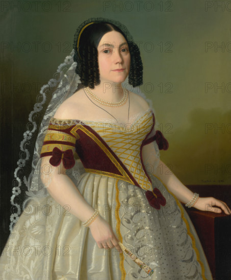 Portrait of Piroska Radvanská, 1846. Woman with ringlets wearing a pearl necklace, lace veil, and lace-trimmed dress.