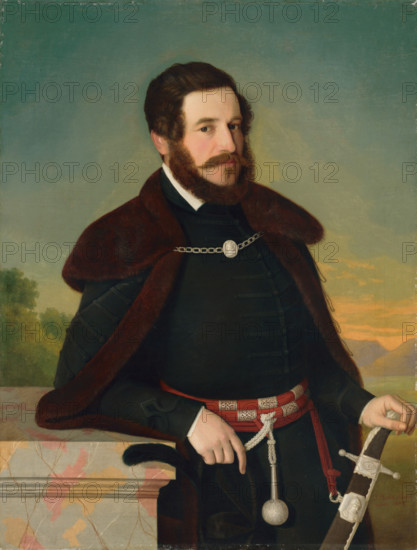 Portrait of E. Szmrecsányi, 1844. Bearded man wearing a fur-lined coat, and a belt with silver decoration to which a small bottle is attached. He rests one hand on the hilt of his sword.