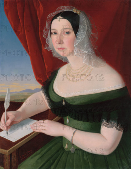 Portrait of Zofia Brezovická from Brezovica and Velká Lomnica, 1845. Woman writing a letter with a quill pen.