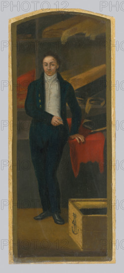 Textile merchant with bolts of cloth, 1816.