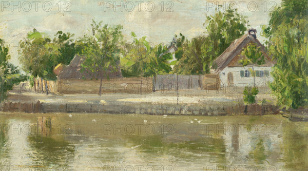 Village by a river, c1900.