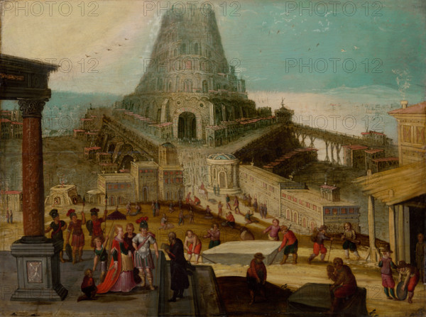 The Building of the Tower of Babel, 1600-1620. Biblical scene.