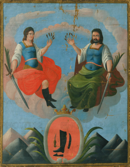 Patron saints of shoemakers, 19th century. Saints Crispin and Crispinian are the Christian patron saints of cobblers, curriers, tanners, and leather workers. They were beheaded during the reign of Diocletian in 285 or 286 CE.