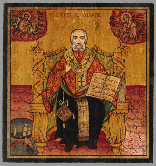 St. Nicholas enthroned, c1837. At bottom left the saint is seen rescuing a man from drowning. Known as 'Lord of the Sea', he is patron saint of sailors, and of the Hellenic Navy.