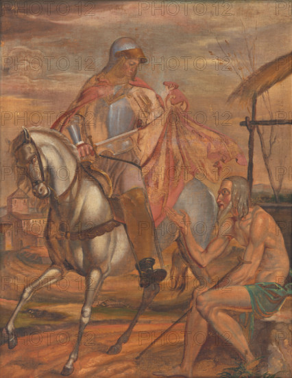 St. Martin, 1840-1860. The saint cuts his cloak in two with his sword and gives one half to a naked beggar.