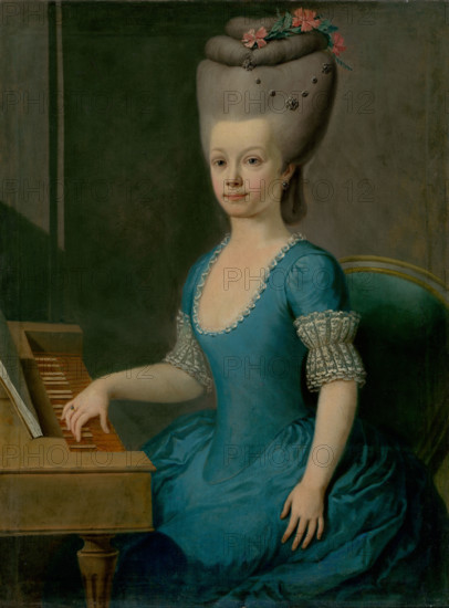 Anna Mária Horvath-Stansithová, fiancée of Ondrej Szirmay, at the harpsichord, 1785-1789. Young woman with an elaborate hairstyle decorated with carnations, wearing a lace-trimmed dress.