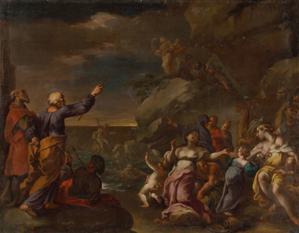 The Israelites cross the Red Sea, 1700-1750. Biblical scene.