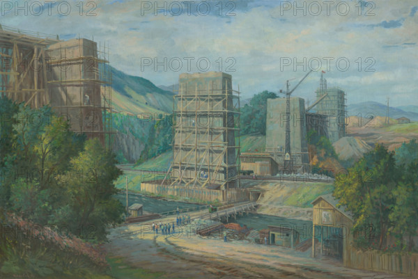 Viaduct construction near Ruzín, 1953. The highest railway bridge in Slovakia, 40 metres above the water's surface. It connects the banks of the surge tank at Malá Lodina. Completed in 1954, it is 280 metres long and spans a railway line.
