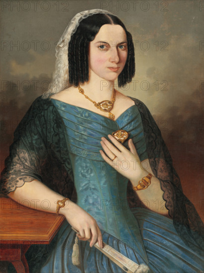 Portrait of a woman in blue, 1854. Woman with ringlets, wearing a black lace shawl, blue pleated dress, a pendant, matching brooch and bracelets.