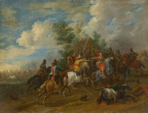Cavalry skirmish, 1654. Battle scene: two horsemen fire at each other from close range. In the foreground an injured horse lies bleeding.