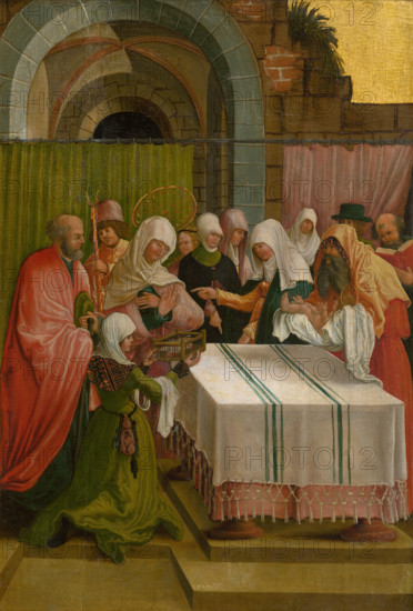 Mary and Joseph present the infant Jesus at the Temple in Jerusalem, 1519. They bring two turtle doves to offer as a sacrifice.