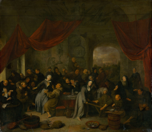 Entertainment of the monks, 1680-1700. Lively scene as monks and nuns eat, drink, and enjoy themselves.