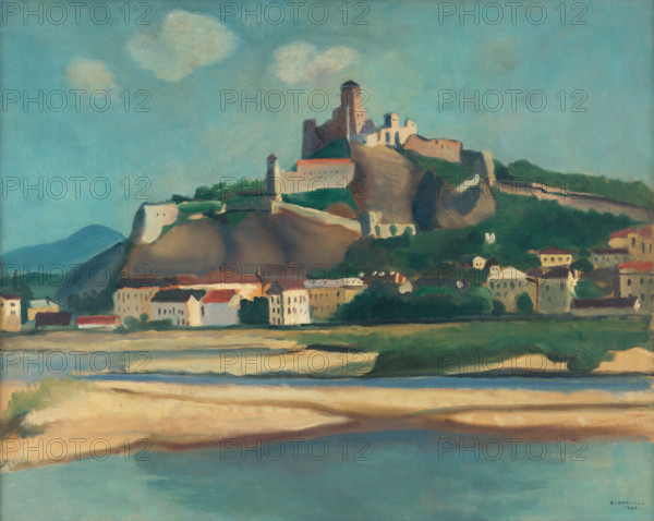 Trencín, 1926. View of the castle and town on the Vah River in western Slovakia.
