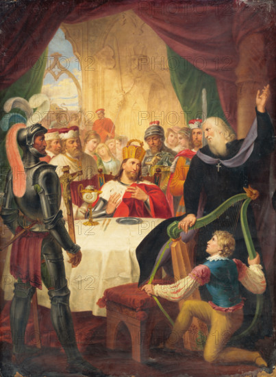 Historical Scene II, 1824. A king or emperor (Kaiser Rudolf I?), holds court, surrounded by soldiers and priests. On the table is a gold nautilus cup.