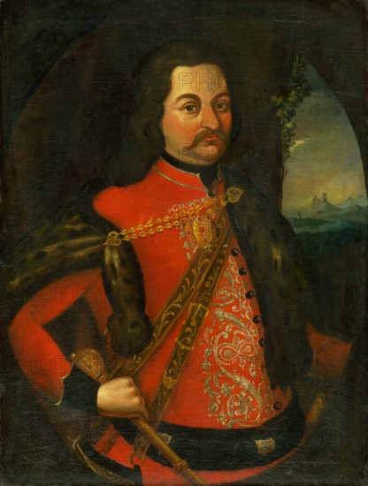 Portrait of Count Georgius Csáky, 1734. Nobleman wearing a fur cloak fastened with gold chains, and a jacket embroidered with silver thread.