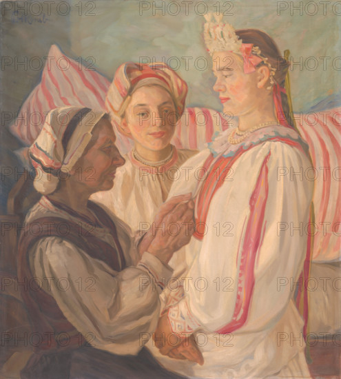 Bride from Helpa, 1935-1936. Women dressing a bride in traditional Slovak costume.