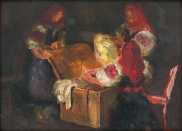 Looking through a hope chest, c1925. A hope chest is a young woman's collection of clothes, linen, cutlery, etc, in anticipation of marriage.