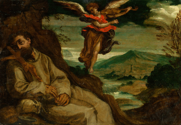 St. Francis comforted by an angel, 1600-1620. The angel plays the violin as Francis reclines with a crucifix, his arm resting on a skull.