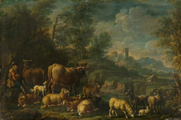 Herdsman with his Herd in Romantic Landscape, last 3rd 18th century.