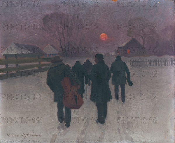 Musicians Returning in the Early Morning through Snowed Landscape, around 1920.