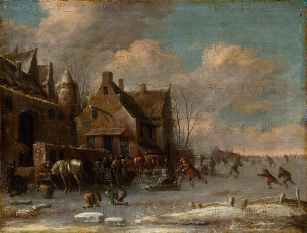 Scene outside an inn in winter, 1681.