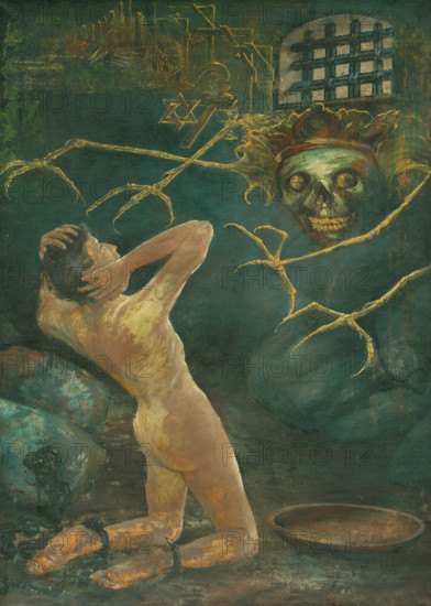 Totalitarianism, 1920. Nightmarish scene: a naked man in leg irons kneels before a vision of Death with outstretched claws. Symbols of Islam, Christianity and Judaism, and of the gallows, float above him.