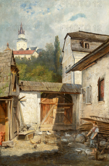 Courtyard in Kremnica, before 1890. Rural scene in Slovakia.
