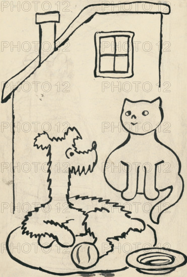 21. A story about a dog and a cat, around 1928. Additional Info: Illustrations for the book - Josef capek. Talking about a dog and a cat: how they farmed together and about all kinds of other things. [Prague] : Dr. O. storch-Marien, 1929.