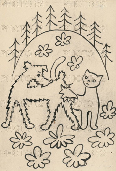 26. A story about a dog and a cat, around 1928. Additional Info: Illustrations for the book - Josef capek. Talking about a dog and a cat: how they farmed together and about all kinds of other things. [Prague] : Dr. O. storch-Marien, 1929.