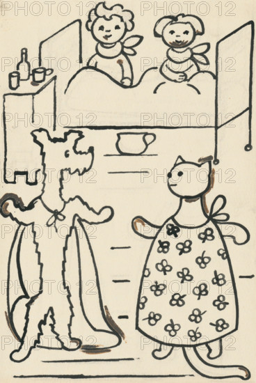 29. A story about a dog and a cat, around 1928. Additional Info: Illustrations for the book - Josef capek. Talking about a dog and a cat: how they farmed together and about all kinds of other things. [Prague] : Dr. O. storch-Marien, 1929.