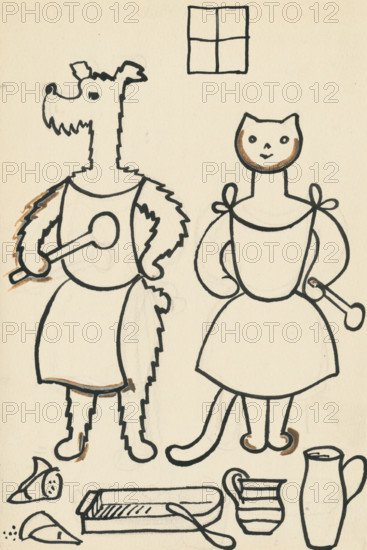 33. Talking about a dog and a cat, around 1928. Additional Info: Illustrations for the book - Josef capek. Talking about a dog and a cat: how they farmed together and about all kinds of other things. [Prague] : Dr. O. storch-Marien, 1929.