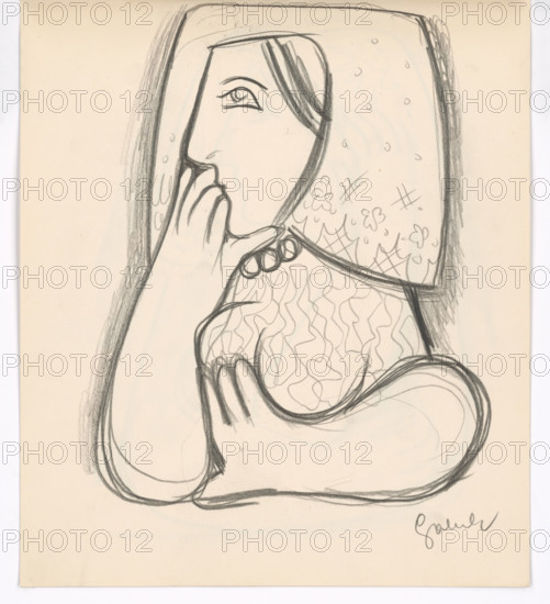 Woman in a flowered scarf with her chin supported, 1938.