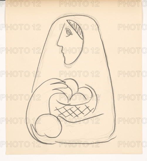Woman with basket of fruit in her arms, 1938.