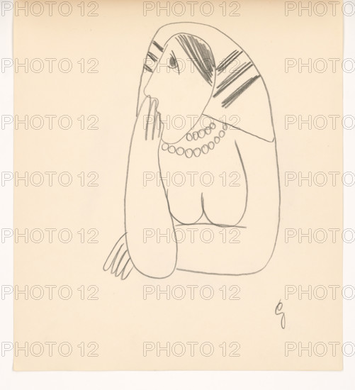 Woman in a striped scarf with her face supported, 1938.
