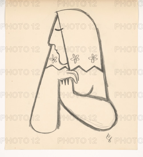 Woman in a flowered scarf with her hands supporting her, 1938.