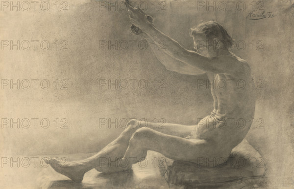 Study of a seated male nude with raised arms, 1893.