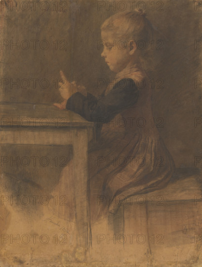 Little girl knitting, 1892.