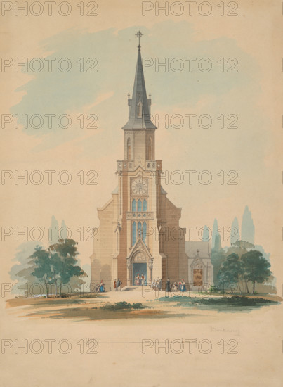 View of a village church in the neo-Gothic style, 1850-1890.